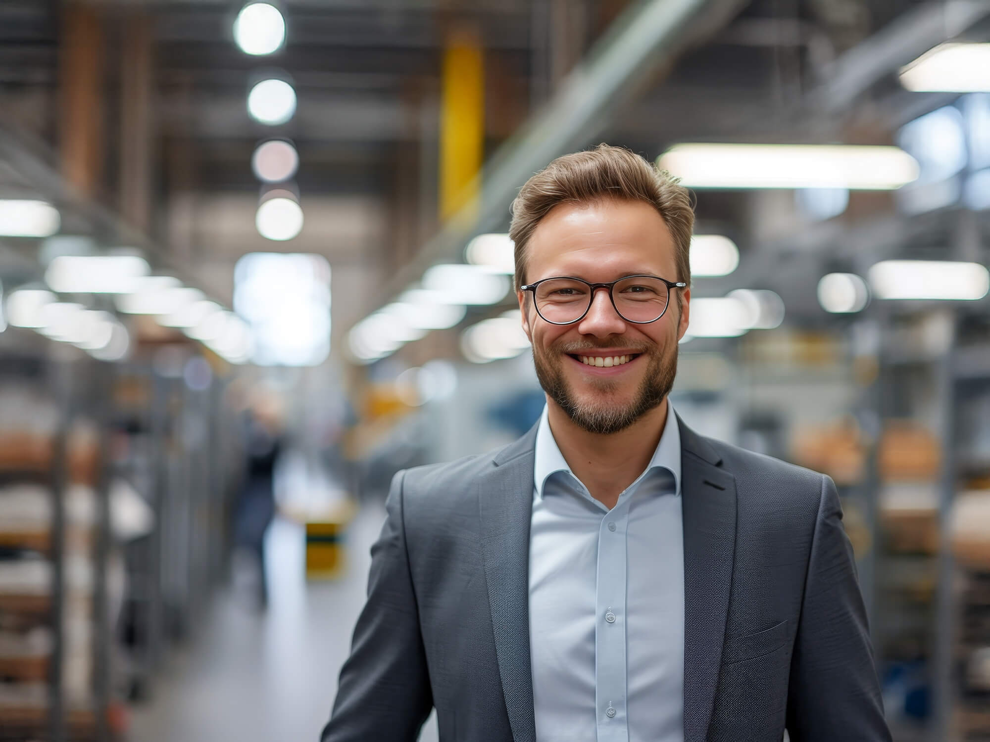 Ein Versicherungsmakler im Anzug steht entspannt in einer Produktionshalle eines Gewerbekunden, der Hintergrund ist unscharf.