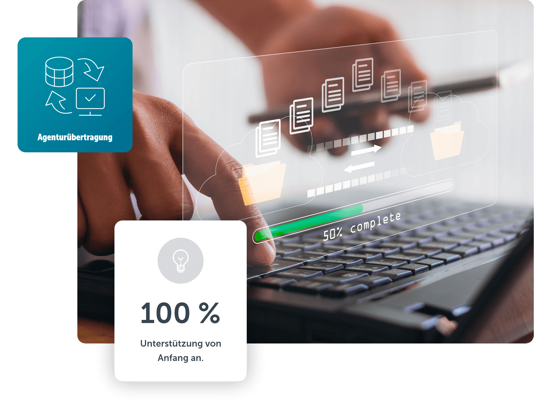 Nahaufnahme von einer Tastatur mit einer Hand und einer digitalen Grafik, die den Fortschritt einer Datenübertragung anzeigt; plus Icon eines WIFO-Services