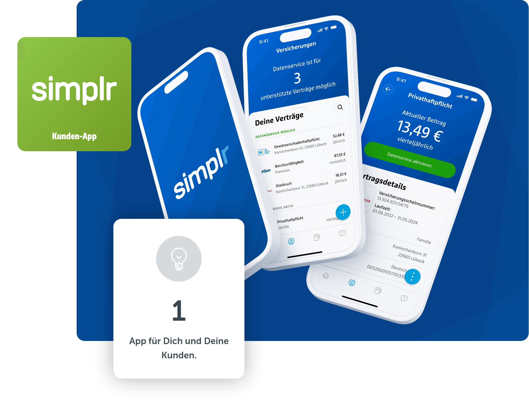 Drei Bildschirme, die die den Startbildschirm und zwei Detailseiten verschiedener Nutzungsmöglichkeiten der simplr-App zeigen; plus Icon zum WIFO-Service