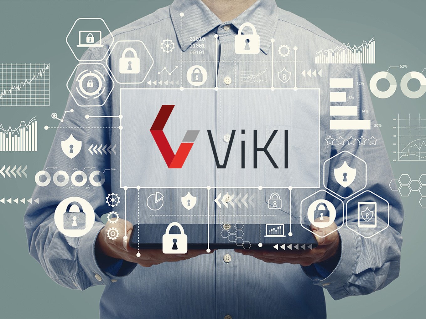 Oberkörper eines Mannes, der ein Hemd anhat und in de Hand ein Notebook hält; darüber steht das Logo von der KI ViKI, um das viele virtuelle Icons schwirren