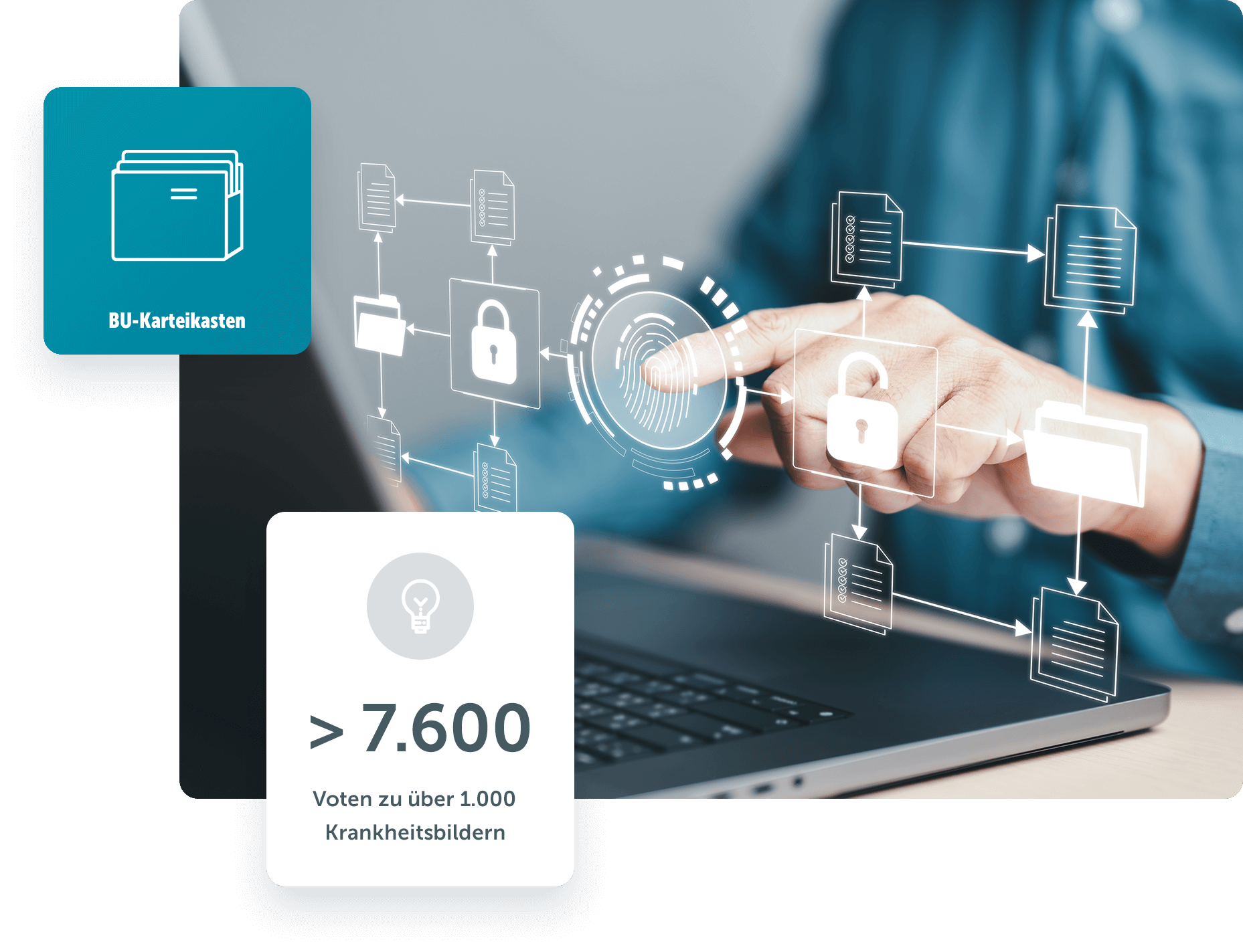Fokus auf dem Zeigefinger eines Manns am Laptop, der mit dem Zeigefinger auf einen virtuellen Fingerabdruck tippt