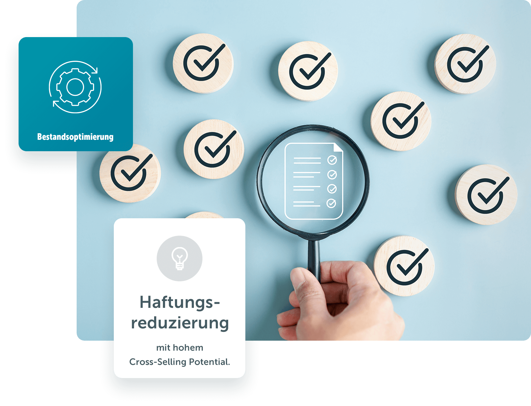 Lupe auf einem Icon einer Checkliste umrahmt von Holzkreisen mit Haken als Symbol für erledigte To-dos
