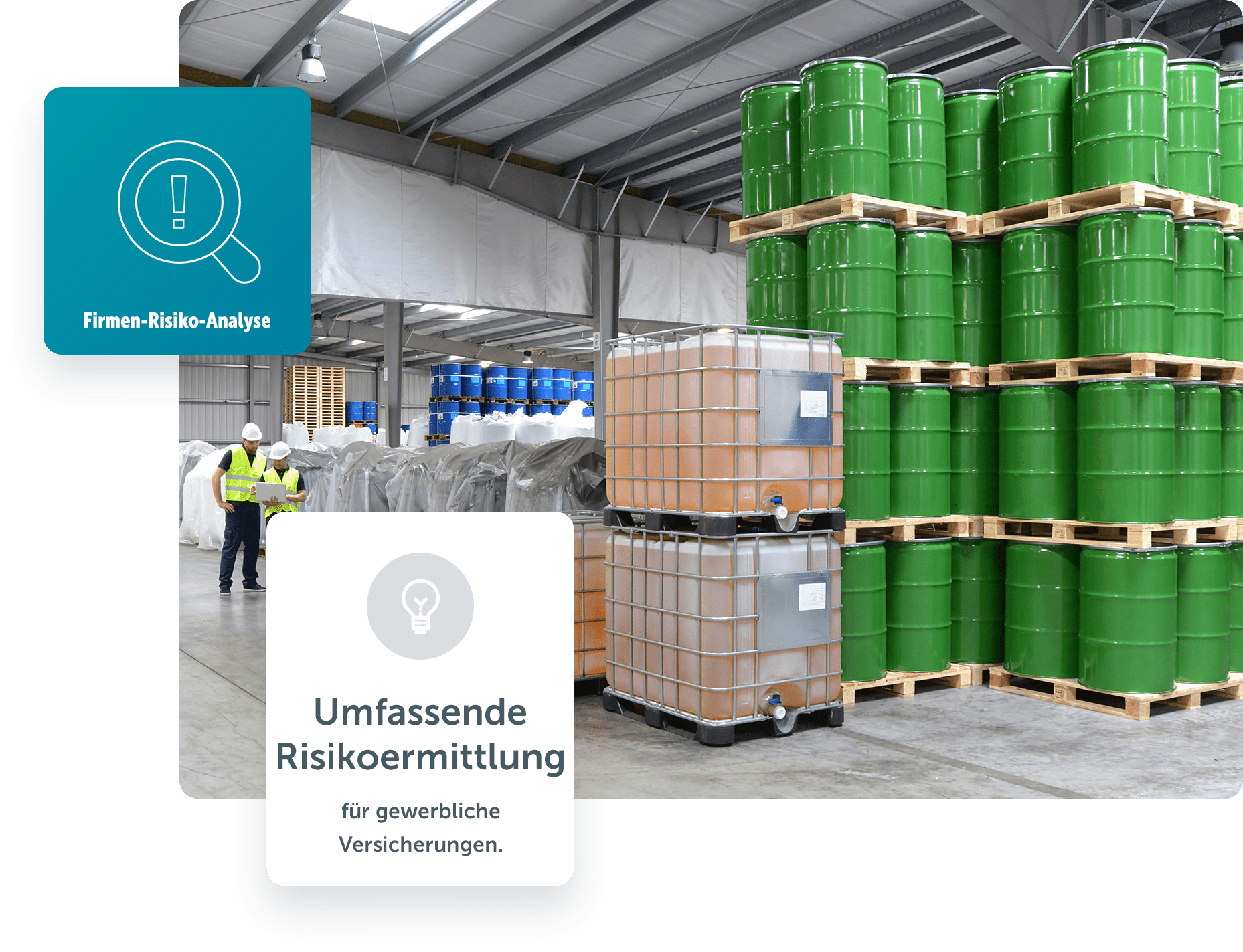 Lagerhalle mit Fässern und zwei Mitarbeitern im Hintergrund