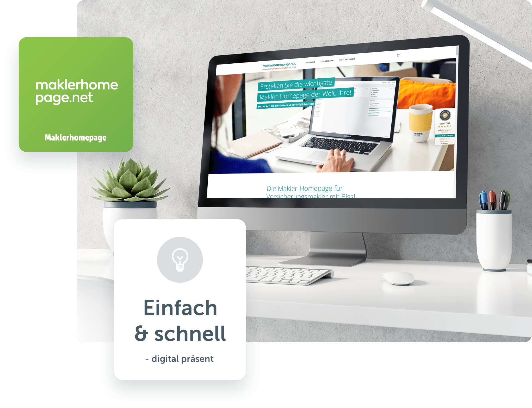 Desktop-PC auf weißem Schreibtisch mit Dekoobjekten und geöffneter Website Maklerhomeapage.net