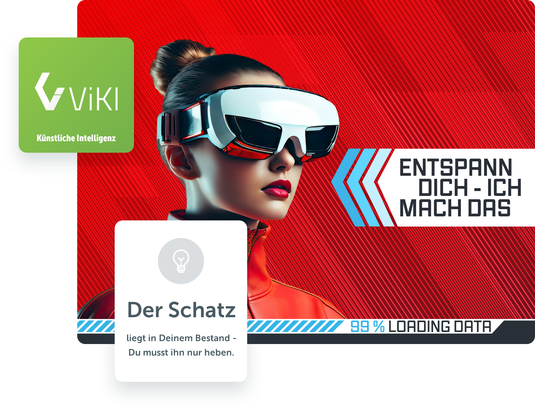 Mit KI erstellte künstlich aussehende Frau mit einer VR-Brille vor rotem Hintergrund