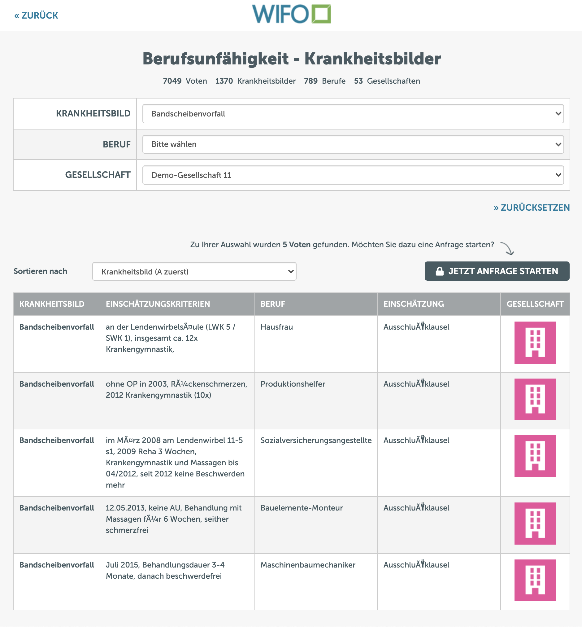 Screenshot aus Tool WIFO-Tool BU-Karteikasten zur Einschätzung biometrischer Risiken